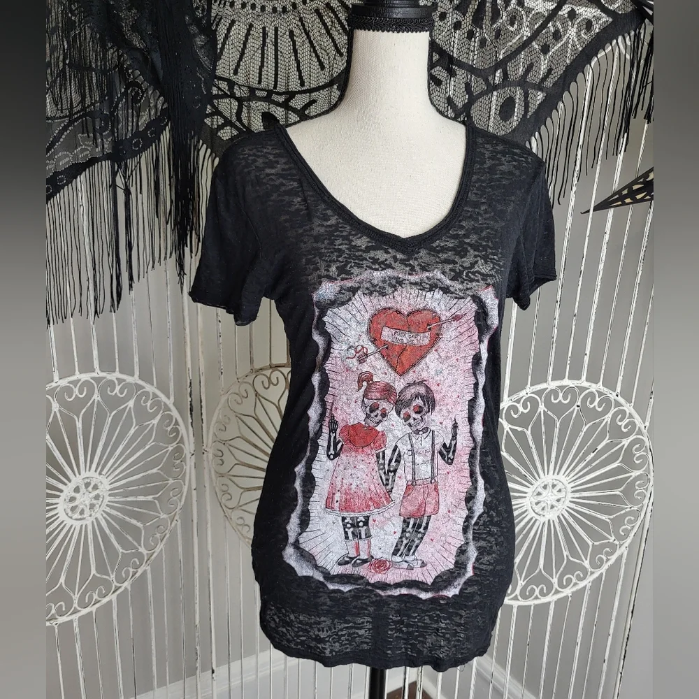 Vintage Sourpuss Skeleton Distressed Burnout Black Top Goth Punk Emo Y2K 2000s - Picture 2 of 4